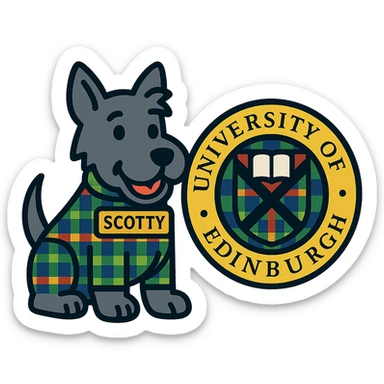 Change the tartan colorway for Scotty and the school seal together to a different tartan pattern, maintain a harmonious composition and modern icon style, no background. sticker