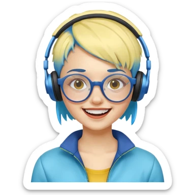 yellow-skinned girl, short blue ombre hair, futuristic glasses, wireless headphones, laughing out loud sticker