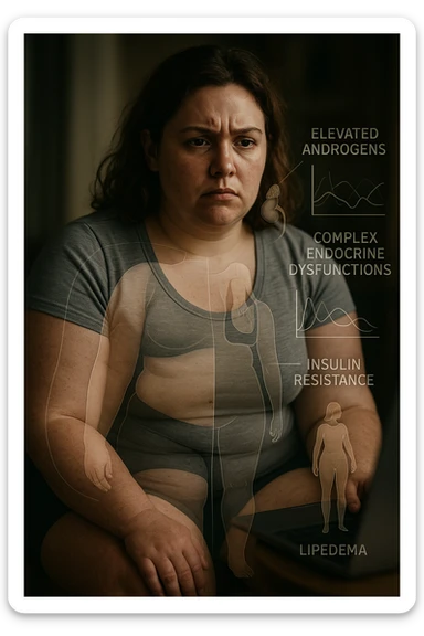 cinematic realistic in italiano Woman with PCOS struggling with hormonal chaos, transparent overlay showing elevated androgens and insulin resistance affecting her body, lipedema causing disproportionate fat accumulation in legs and arms despite normal torso, expression of frustration with unexplained weight gain, medical charts showing complex endocrine dysfunction, painful swollen limbs contrasting with metabolic confusion in italiano sticker