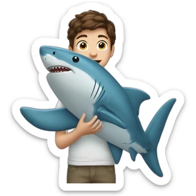 a 12-year-old boy with brown hair holds a large stuffed shark toy in his hands sticker