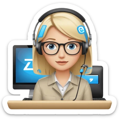 donna bionda occhi azzurri con occhiali, capelli media lunghezza lisci, è al pc è una grafica editoriale e redattrice sticker