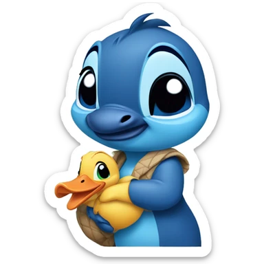 Disney stitch character holding a mallard duck sticker