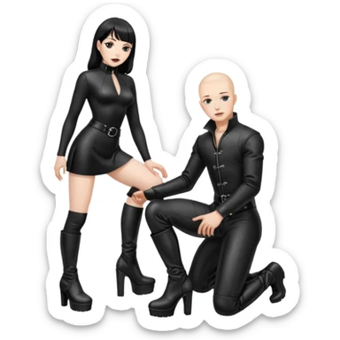 Create a Dominatrix with platform boots and a male slave next to her sticker