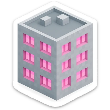 Russian panel apartment building, square block shape, light gray concrete, windows glowing pink, isometric view sticker