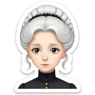 A Victorian woman with elegant coiffed white hair and light eyes wearing a modest unadorned black turtleneck mourning dress looking down with a forlorn expression sticker