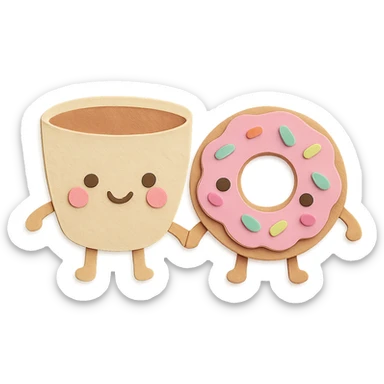 cute coffee cup and donut holding hands, soft pastel kawaii style, transparent background sticker