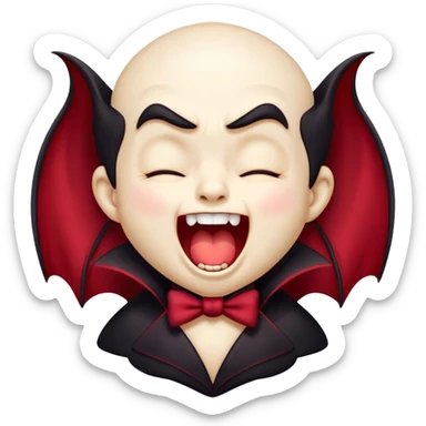Cinematic Cute Yawning Vampire Portrait Emoji, with a small, rounded, charming pale face accented with tiny playful fangs and droopy, half-closed eyes, head tilted in an adorable wide yawn, dressed in miniature elegant dark attire with a hint of crimson, simplified yet irresistibly endearing, highly detailed with a soft, mysterious glow and gentle outline that captures the cute, drowsy side of an immortal! sticker
