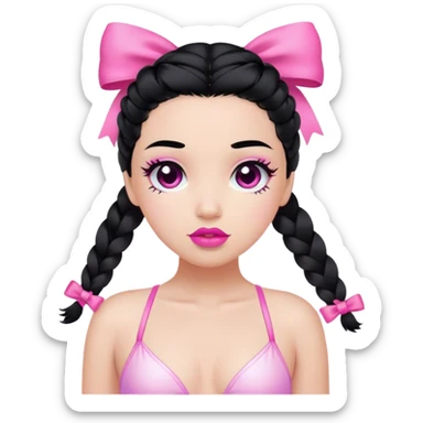 one braid black hair, black eyes, pink lips, long lashes, wearing pink bow and white swimsuit sticker