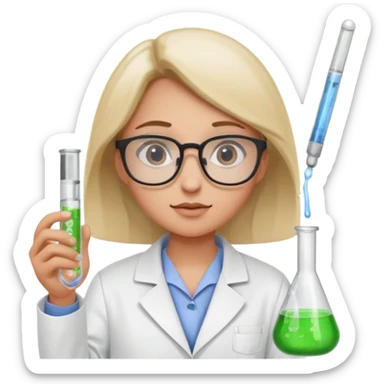 Portrait of a young scientist wearing a white lab coat, glasses, holding a test tube, curious expression sticker