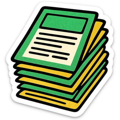 stack of papers or paperwork, professional style, green gold and white color scheme, bold and clear, suitable for digital use sticker