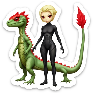 a blonde reptilian alien woman,  red crest as, men in black, full body, full figure sticker