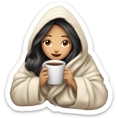 Asian girl wrapped in cozy blanket drinking coffee sticker