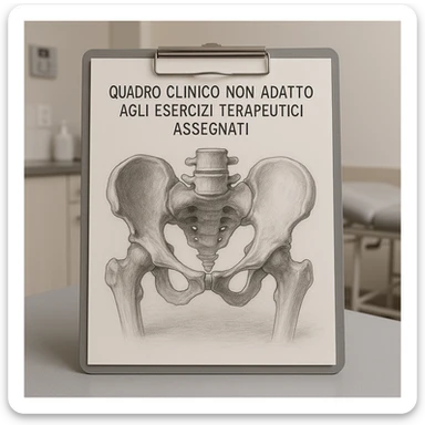 realistic drawing of a human pelvis tilted in the center on a sheet of paper in a clinical environment, with the title at the top written 'quadro clinico non adatto agli esercizi terapeutici assegnati', realistic details, professional atmosphere, neutral background sticker