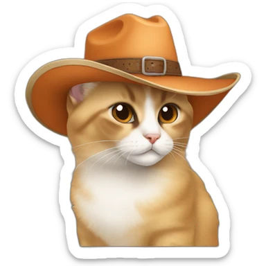 orange, small, chubby, hairy, balinese cat while wearing a brown cowboy hat sticker