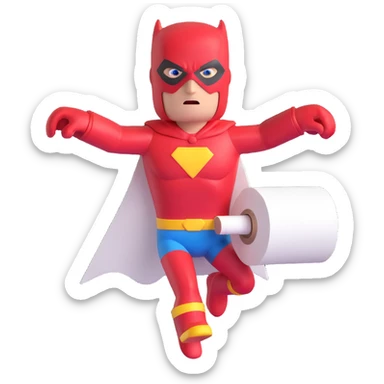 toilet roll superhero, flying, arms forward, mask, bright colors, cartoon style sticker