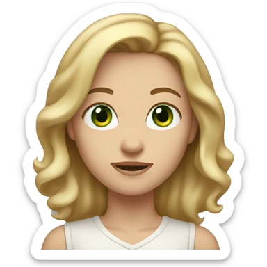 A woman with shoulder-length, wavy blonde hair, green eyes, and fair skin. She is wearing a light-colored shirt and has a neutral to slightly smiling expression. sticker