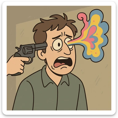 dramatic cartoon of a person with a gun to their head, surreal metaphorical twist, no blood sticker