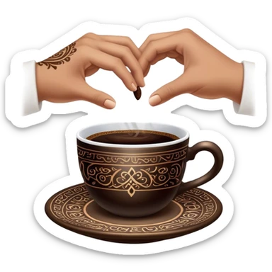 A traditional Turkish coffee cup turned upside down on a saucer, with intricate coffee grounds forming mysterious patterns inside. A fortune teller’s hand gently lifts the cup, revealing symbols and shapes, while a mystical, dimly lit atmosphere adds to the sense of mystery and curiosity sticker