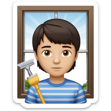 boy dark brown hair with bangs with straight eyebrows cleaning sticker