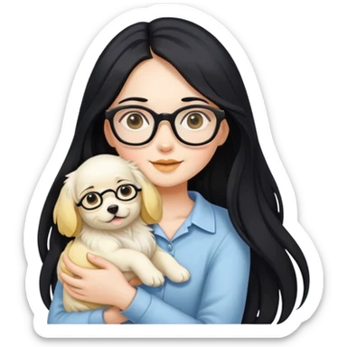 A beautiful girl with long black hair and glasses is holding a long-haired white and yellow puppy sticker