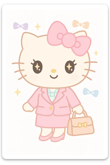 luxurious corporate girly character inspired by the Hello Kitty world, wearing a chic business suit with pink and gold accents, holding a designer handbag, surrounded by subtle bows and sparkles, kawaii style sticker