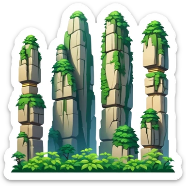 Zhangjiajie Avatar mountains, simplified emoji style with bold outlines and bright colors, cartoon style tall stone pillars with greenery sticker