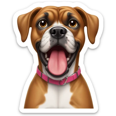 Senior boxer dog with single canine tooth sticking out of her closed mouth.  sticker