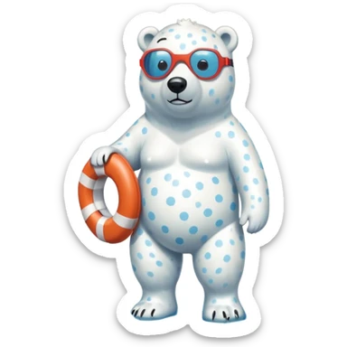 full body friendly anthropomorphised polar bear wearing polka dot swim shorts and swim goggles, standing in a puddle and holding a life buoy sticker