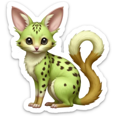 Light-neon-green, soft realistic romantic vintage antique divine beautiful elegant pretty precious cute young youthful  Fakémon-Pokémon-opossum-feline-mouse-serval-caracal-chinchilla-Minccino-Cinccino-Meowstic-rodent-hybrid-creature (full body) sticker