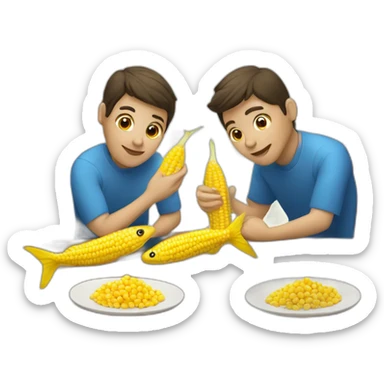 two fishes sitting at the brown table and eating corn  sticker