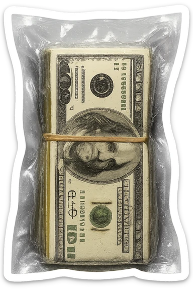 Enhance the stack of cash inside the vacuum-sealed plastic bag to be even more realistic and hyper-realistic, with crisp, detailed bills and a realistic rubber band. The bag remains clear and vacuum-sealed like retail product packaging. No background. sticker