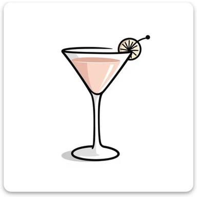 A fancy cocktail glass with decorative garnish in pastel colors (dd9fb0, ffc6d3, a3bfc9, c4bee2, f1b091), hand-drawn doodle style sticker