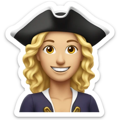 smiling white woman with earrings wearing pirate hat sticker