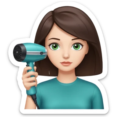 brunette bob girl hair stylist with blue green eyes holding a hair dryer sticker
