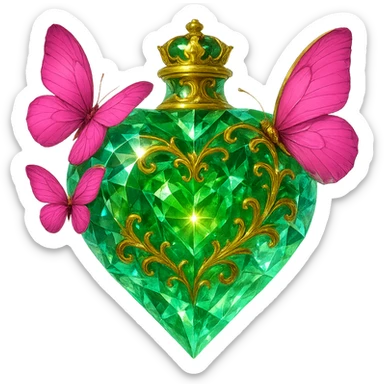 Make the bottle clearly crystalline with visible edges, strong glow, light reflections, and transparency to resemble a gemstone. Keep the green heart shape, golden details, and pink butterflies attached to the bottle. The background should be transparent with a beautiful merging bottom, the bottle should appear floating in the air, and have a small crown as the stopper on top. The design must be elegant, bright, with no base or shadow. Style: elegant, bright, gemstone-like crystalline bottle with green heart, gold details, and pink butterflies, transparent background, floating, small crown stopper. sticker