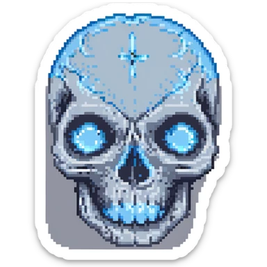 grey crying skull, pixel art style, single blue tear, minimal colors sticker