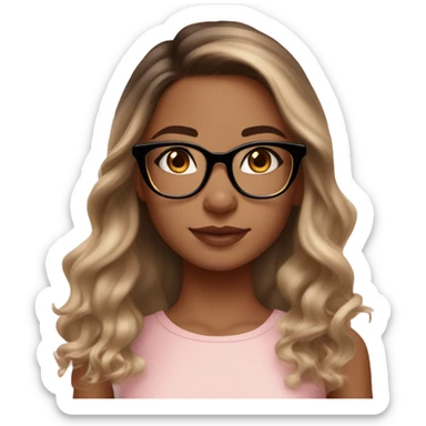 Girl with medium to olive skin tone, not too dark brown eyes, dark hair with golden blonde balayage highlights, rose gold square glasses, subtle freckles on cheeks, perfect and small nose, lower lip bigger than the upper one and pink in color. sticker