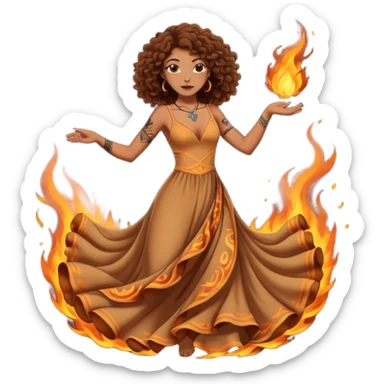 Sexy brown eyes, brown curly hair, white ethnicity with tattoo, mystic vibe, dancing in the fire in the night  sticker