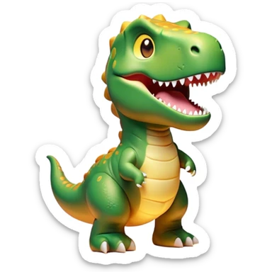 Cinematic Cute T-rex Portrait Emoji, Head tilted playfully with a big, endearing smile, featuring a compact, fierce yet friendly form with a massive head, tiny arms, and sparkling, mischievous eyes, Simplified yet irresistibly adorable features, highly detailed, glowing with a warm, inviting prehistoric glow, high shine, affectionate and lively, stylized with a touch of whimsical dinosaur charm, soft glowing outline, capturing the essence of a mischievous yet lovable T-rex that seems as if it could stomp out of the screen into your heart! sticker