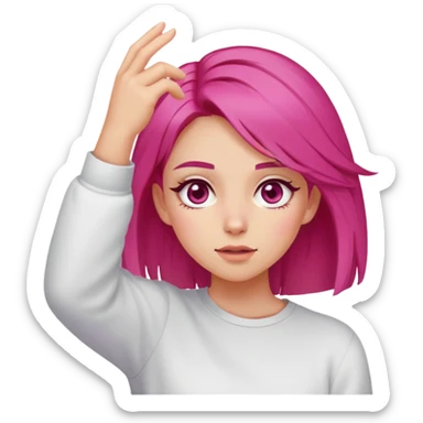 pale girl with hazel eyes and dark pink mid length hair dabbing sticker