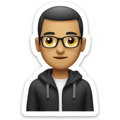 young guy with a black buzzcut, programmer, thinking, glasses sticker