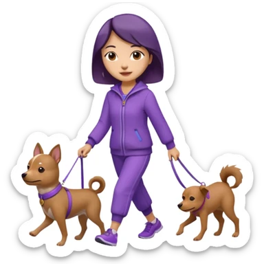 Chinese woman wearing purple outfit walking one small brown dog sticker
