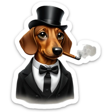 Daschund in a tuxedo smoking a pipe, with a monacle on one eye wearing a tophat sticker