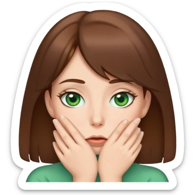 shy woman covering mouth, brown hair, green eyes sticker
