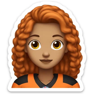 Girl with long brown hair, wearing orange and black Bengals football jersey sticker