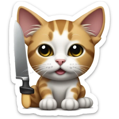 A tricolor cat with a black spot on its eye holds a knife in its paws sticker