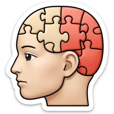 Minimalistic flat vector icon, iOS style, thin black contour on white background. Human head profile with a brain inside, split into puzzle pieces. No text, no shadows. sticker