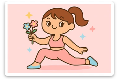 Make the stylish pilates girl in pink, holding flowers, in a pastel aesthetic, using soft pastel colors and a gentle vibe. sticker