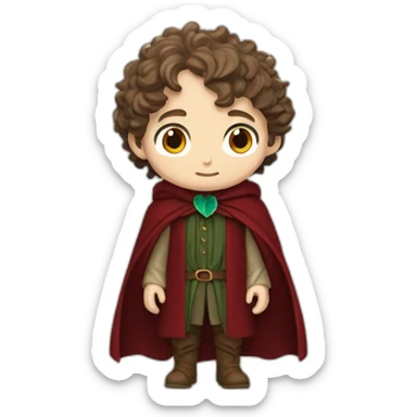 Frodo Baggins with bright blue eyes, light skin, wearing a dark red shirt, dark red waistcoat, and a sage green cloak clasped together by a leaf shaped brooch sticker