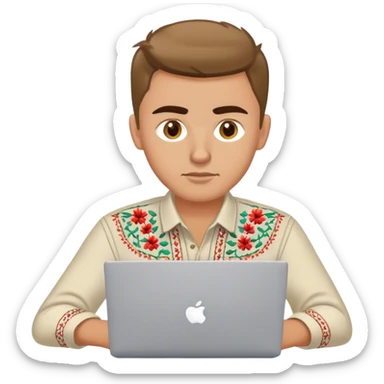 A Ukrainian guy in an embroidered shirt works at his laptop sticker
